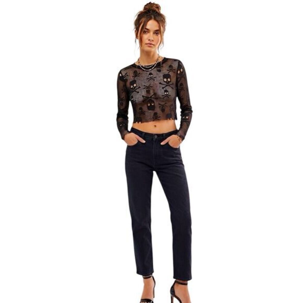 Womens Blouse Top Cropped Size Small Black Emo Edgy Halloween Skeleton Punk Rock